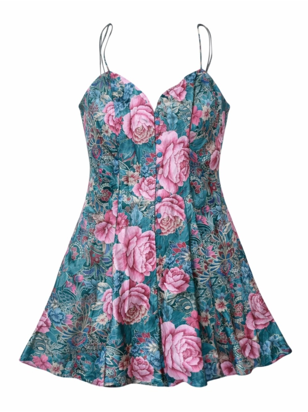 Vintage Victoria’s Secret  Gold Label Floral Babydoll Slip Dress L Teal Pink Y2K